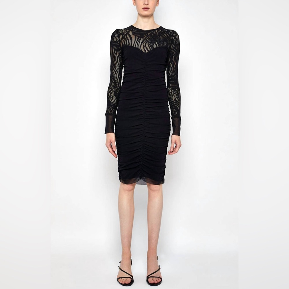 FUZZI Black Lace Illusion Bodycon Dress – XXS NWT Stretch Midi Sheath